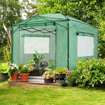 8'X12' Portable Greenhouse Pop-Up Greenhouse Indoor Outdoor Plant Gardening Canopy, 2 Roll-Up Zipper Doors and 4 Side Windows，Green - Design By Technique