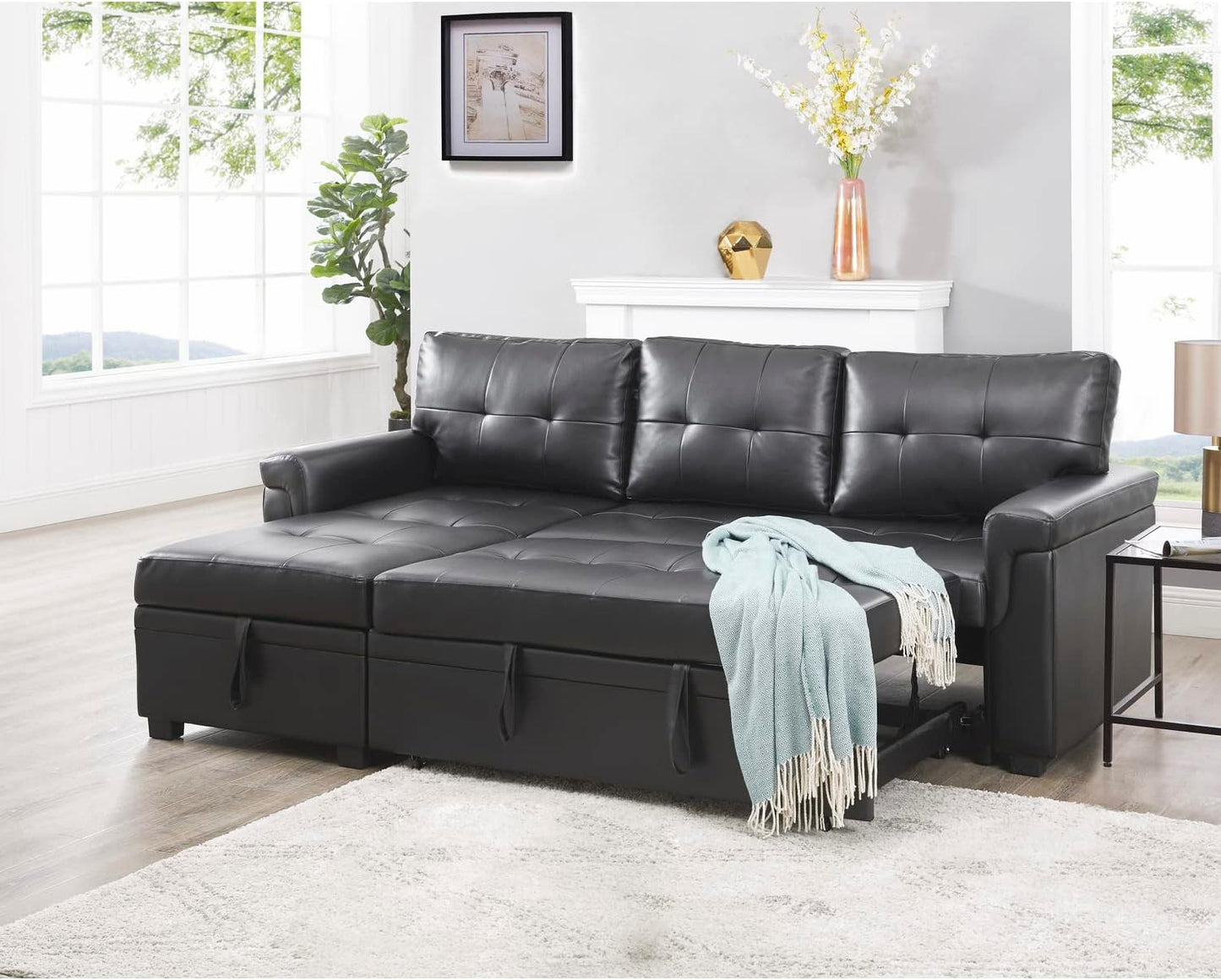 Transform Any Space: Sleeper Sectional Sofa with Convertible Sofa Bed & Inviting Chaise. Find Tranquil Comfort with Stress-Relieving Design & Durable Cushions - Black/Air Leather