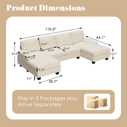 Convertible Sectional Sofa Couch, 4 Seat Sofa Set for Living Room U-Shaped Modern Fabric Modular Sofa Sleeper with Double Chaise & Memory Foam (White)