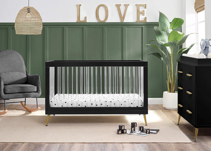 Sloane Crib 7-Piece Baby Nursery Furniture Set–Includes: Convertible Crib, Dresser, Changing Top, Crib Mattress, Fitted Sheets, Toddler Guardrail & Changing Pad, Black W/Melted Bronze