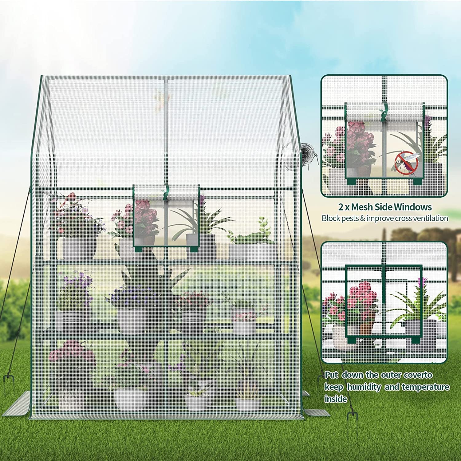 Greenhouse with 2 Mesh Windows, 4 Tiers, and 10 Shelves - Durable PE Cover, Pegs and Ropes for Stability- Perfect for Outdoor Gardens, Plants, Herbs, and Flowers - Design By Technique