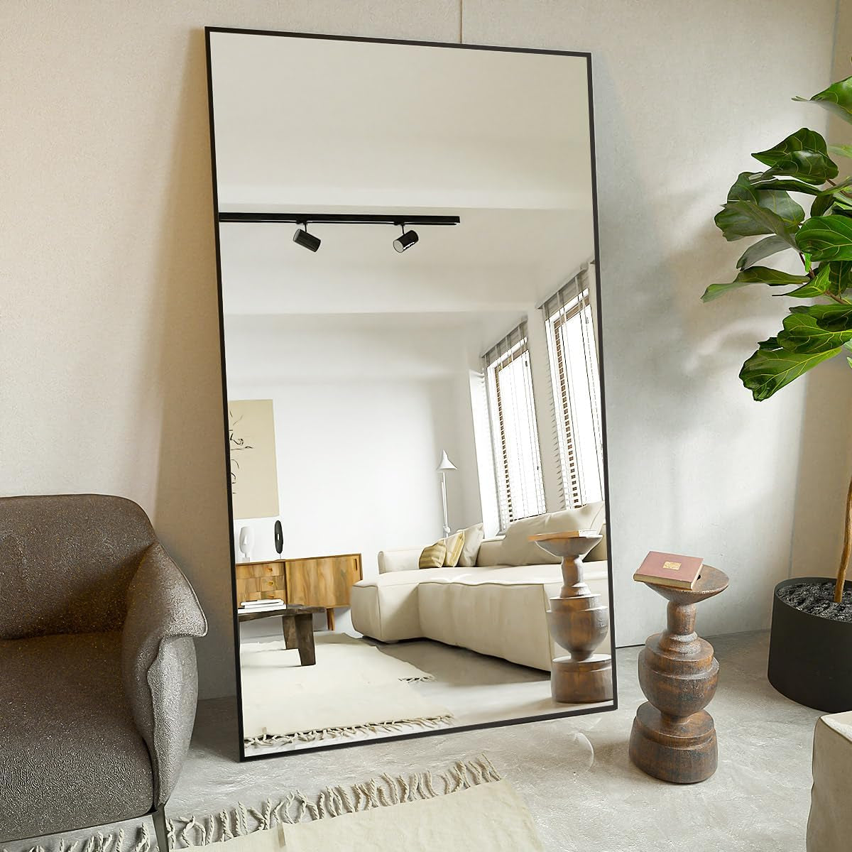 Large Mirror Full Length 34"X76", Floor Body Mirror with Stand, Metal Frame Wall-Mounted Vanity Mirror, Hanging Leaning or Standing, Black - Design By Technique