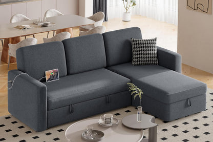 Sectional Sofa L-Shaped Sofa Couch Bed W/Chaise & USB, Reversible Couch Sleeper W/Pull Out Bed & Storage Space, 4-Seat Fabric Convertible Sofa, Pull Out Couch for Living Room Dark Gray