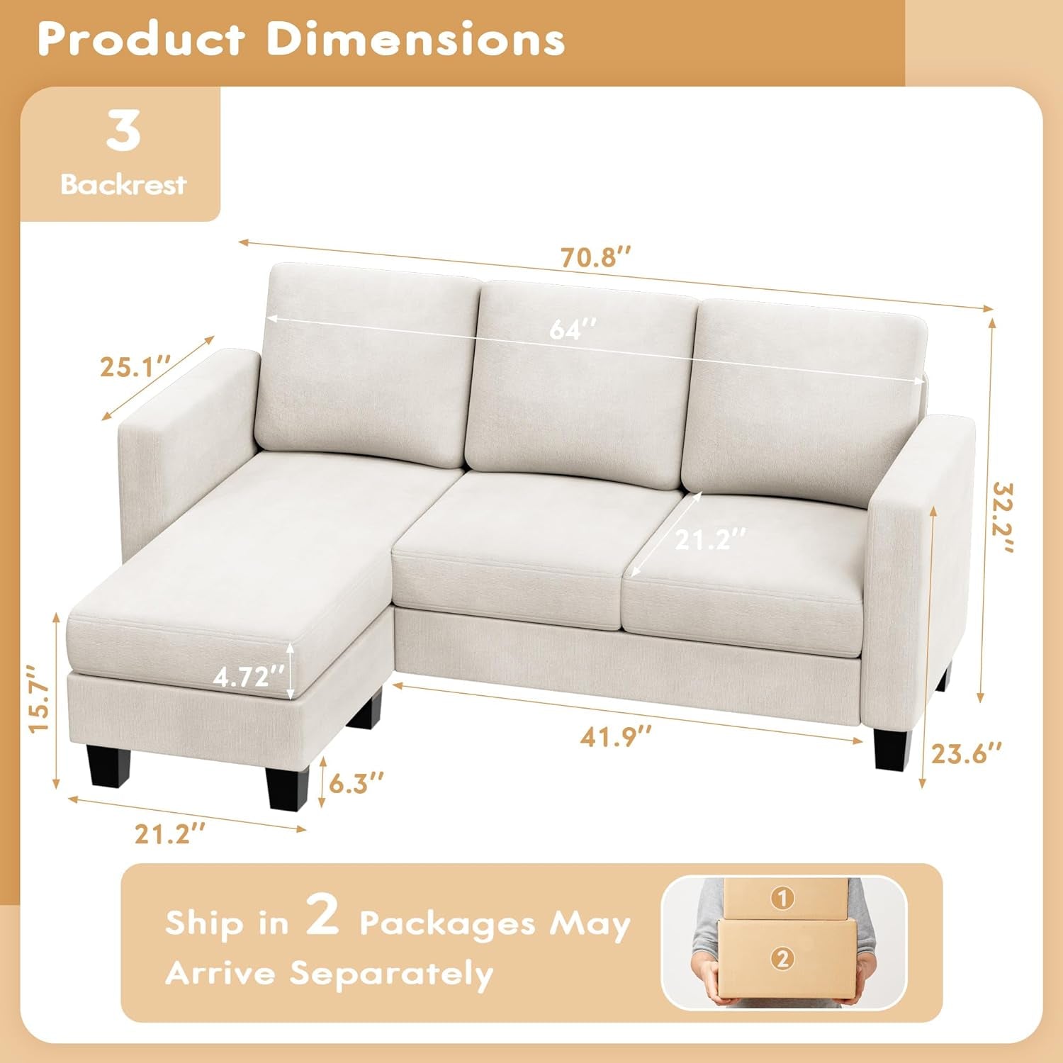 Convertible Sectional Sofa Couch, 3 Seat L-Shaped Sofa with Linen Fabric, Movable Ottoman Small Couch for Small Apartments, Living Room and Office (Whtie)