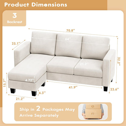 Convertible Sectional Sofa Couch, 3 Seat L-Shaped Sofa with Linen Fabric, Movable Ottoman Small Couch for Small Apartments, Living Room and Office (Whtie)