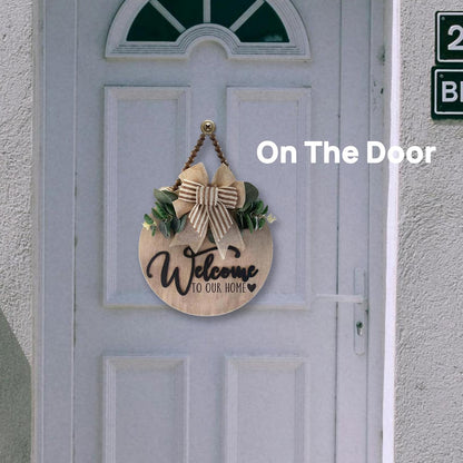 3D Welcome Sign for Front Door | Home/Farmhouse Porch Décor Wooden Hanging Sign with Artificial Leaves and Rustic Beads | Christmas Classroom |12" Round