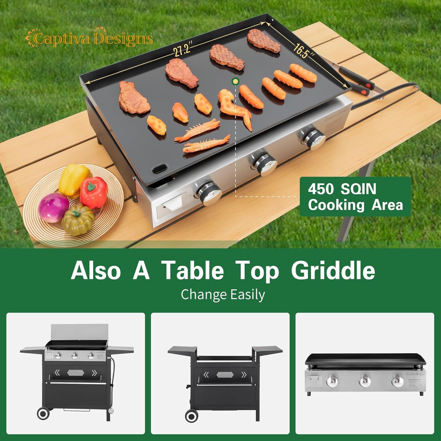 Gas Griddle Cooking Station with Ceramic Coated Cast Iron Pan, 3-Burner Flat Top Propane Gas Grill, 33,000 BTU Output Flattop Grill for Outdoor Barbecue, Cooking and Party