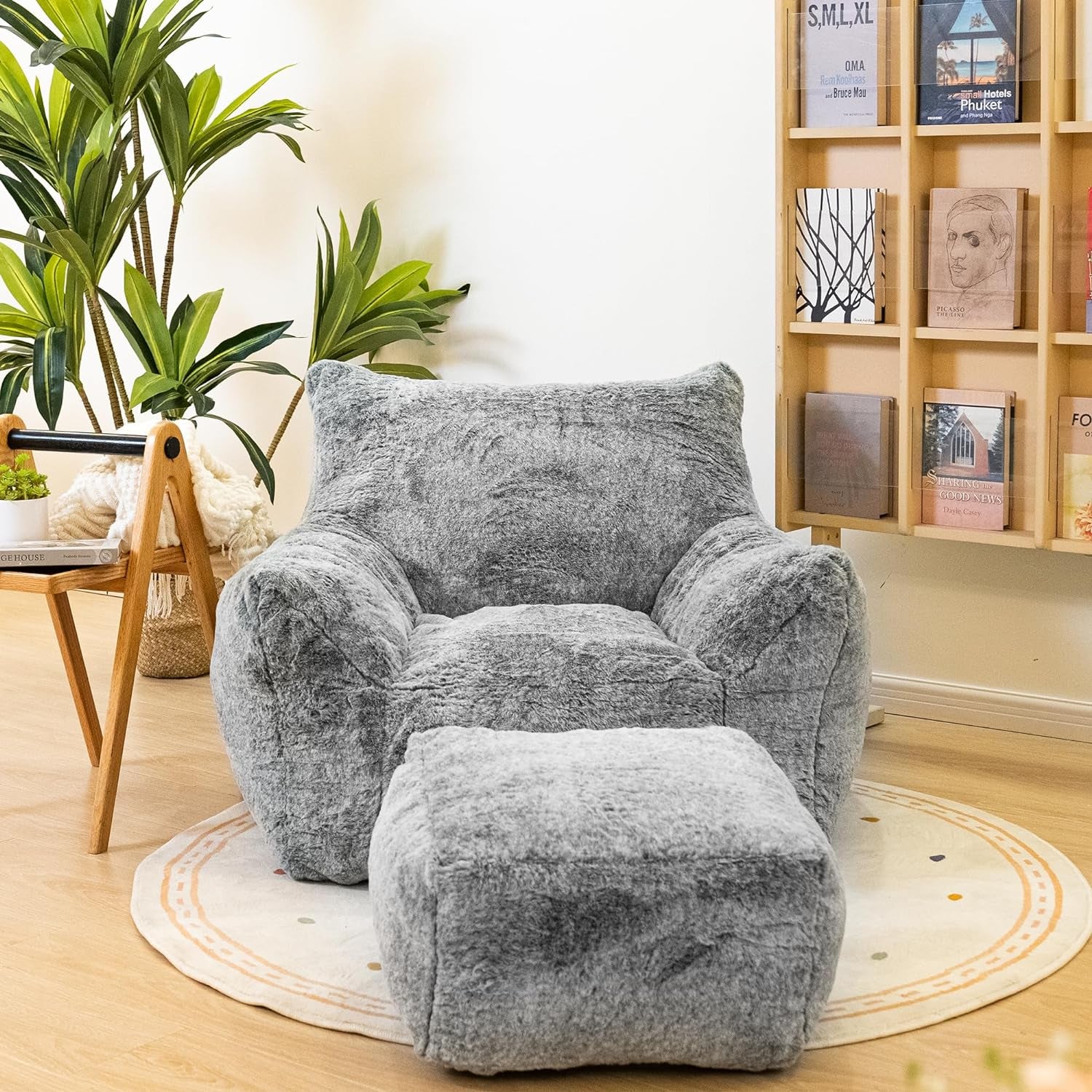 Bean Bag Chair with Ottoman, Armrest Bean Bag Chair with Filler, Ultra Soft Fluffy Faux Fur Bean Bag Chair with Foot Rest, Plush Lazy Sofa with Foot Stool for Living Room, Dorm