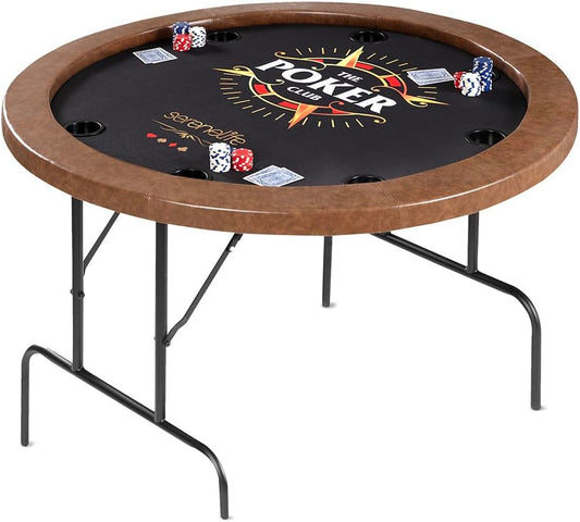 8-Player round Foldable Poker Table - Premium Casino-Grade Design, Brown Felt Surface, Water-Resistant Rail, 8 Cup Holders, Blackjack Board - Ideal for Texas Hold'Em & Family Fun (Black)