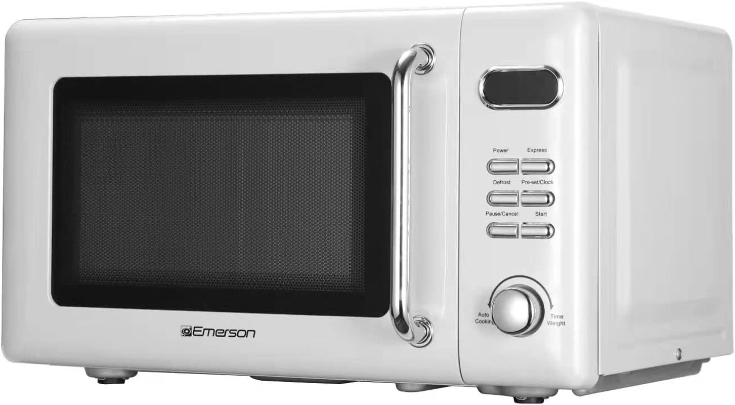 MWR7020W Compact Countertop Microwave Oven with Button Control, LED Display, 700W 5 Power Levels, 8 Auto Menus, Glass Turntable and Child Safe Lock, 0.7, Retro White