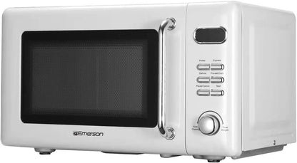 MWR7020W Compact Countertop Microwave Oven with Button Control, LED Display, 700W 5 Power Levels, 8 Auto Menus, Glass Turntable and Child Safe Lock, 0.7, Retro White