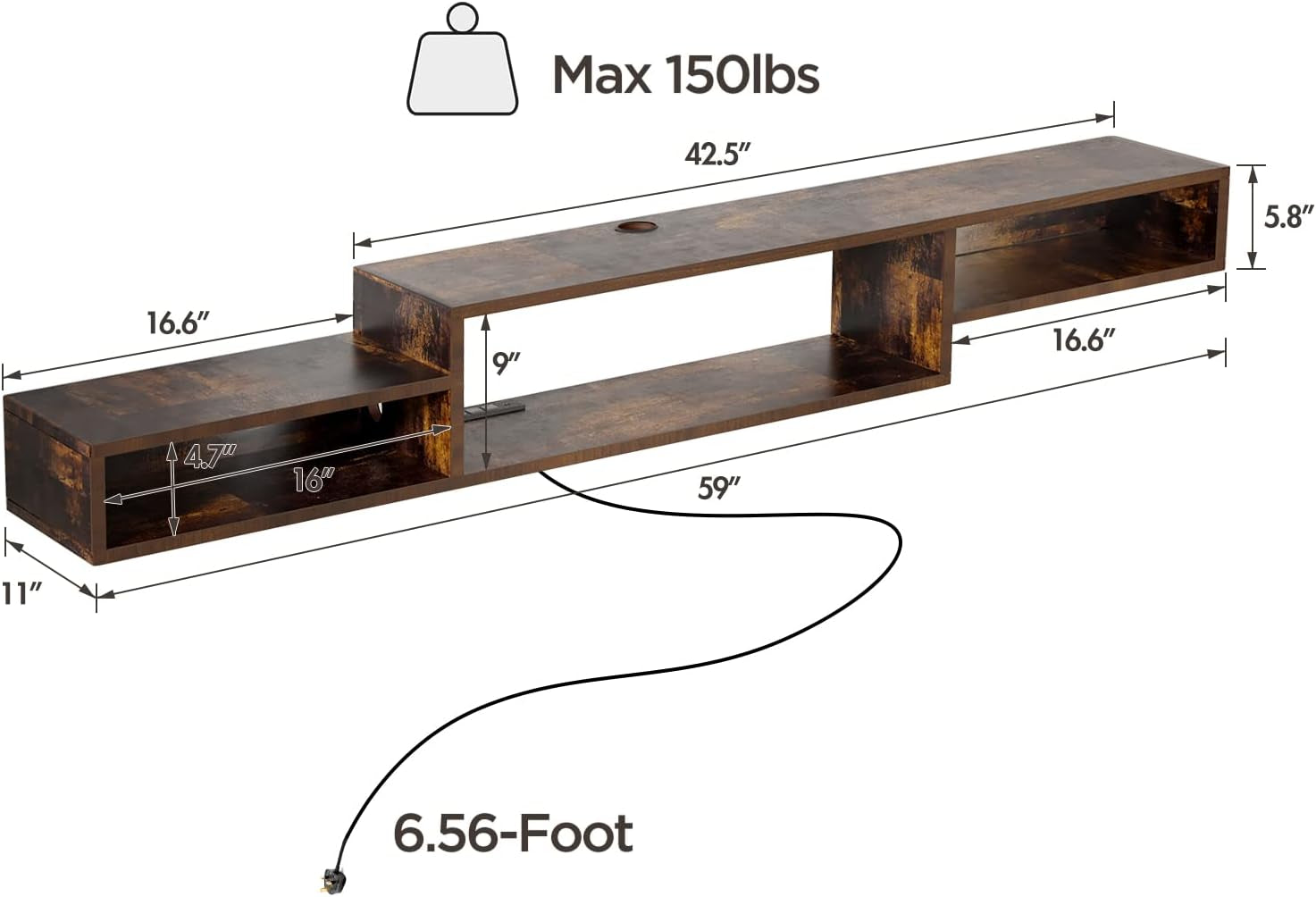 Floating TV Stand Wall Mounted with Power Outlet 59", Floating Entertainment Center, Wood Media Console Shelf for under TV Storage for Living Room Bedroom Office Rustic Brown