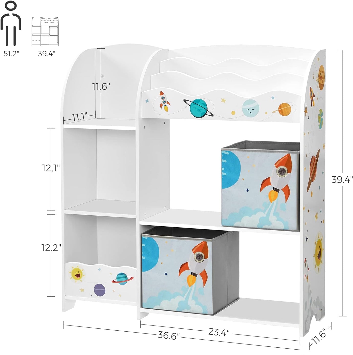 Toy and Book Organizer for Kids, Storage Unit with 2 Storage Boxes, for Playroom, Children’S Room, Living Room, White UGKR42WT, 93 X 30 X 100 Centimeters