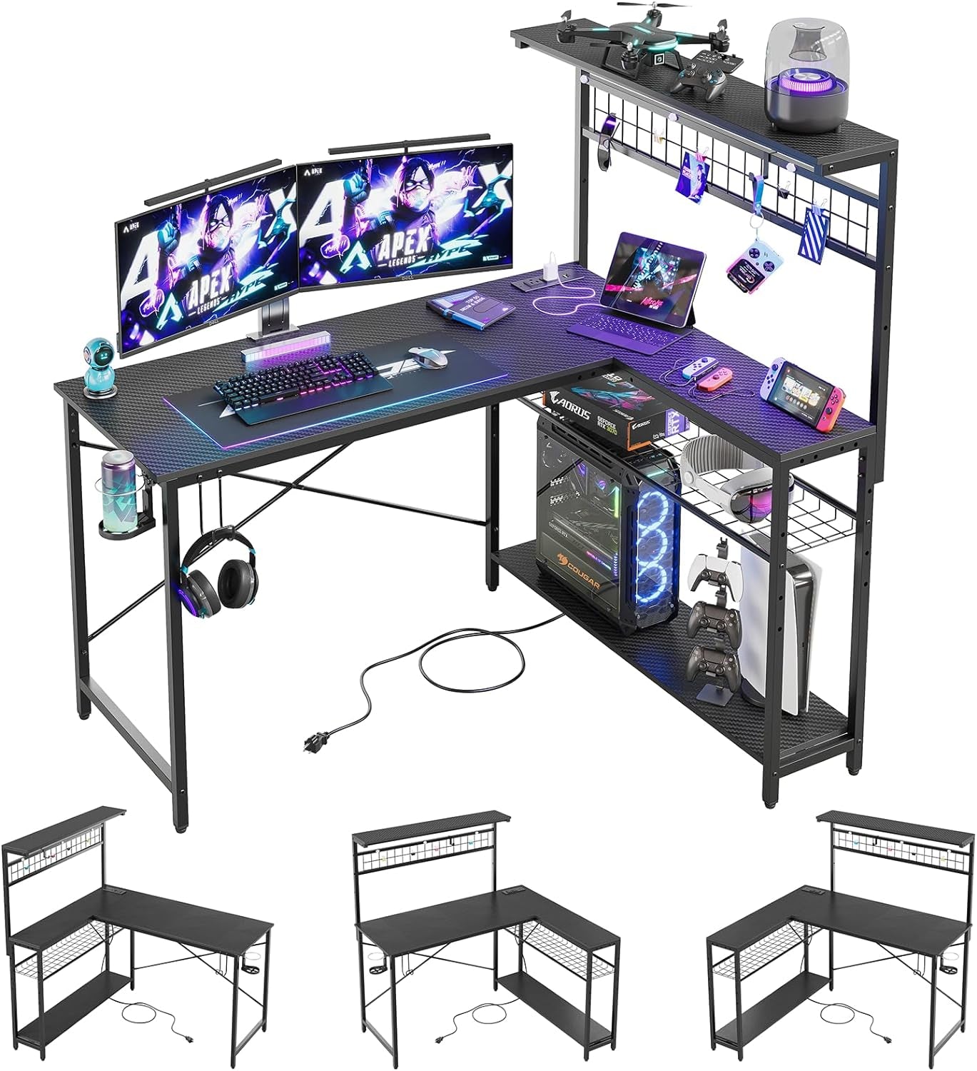 L Shaped Gaming Desk with Power Outlets, 51 Inch Large LED Computer Desk Reversible Corner Desk with 4 Tiers Storage Shelves, Gamer Desk with Headset Hooks and Cup Holder, Carbon Fiber Black