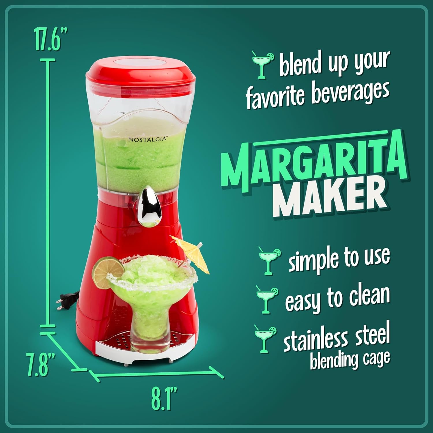 Margarita Machine - Blender for Smoothies, Margaritas, Daiquiris, and Slushies - Red - 64-Ounce