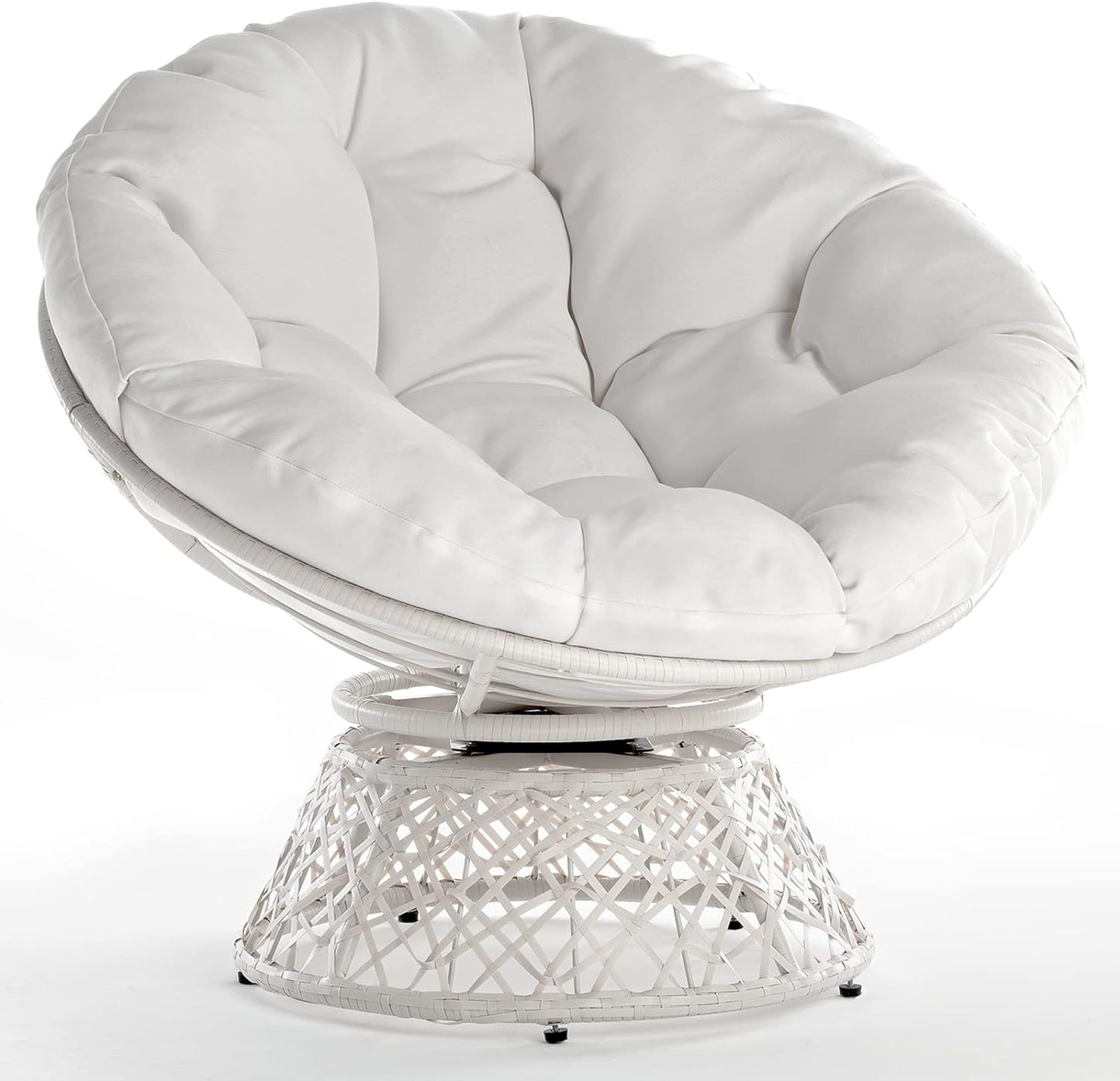 Ergonomic Wicker Papasan Chair with Soft Thick Density Fabric Cushion, High Capacity Steel Frame, 360 Degree Swivel for Living, Bedroom, Reading Room, Lounge, Arctic Snow - White Base