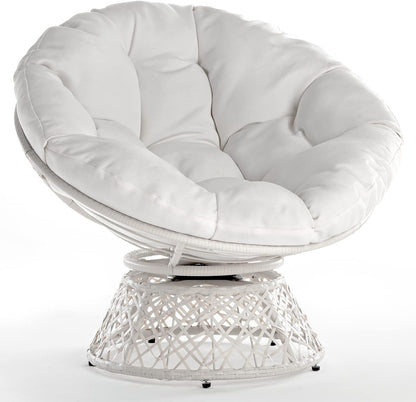 Ergonomic Wicker Papasan Chair with Soft Thick Density Fabric Cushion, High Capacity Steel Frame, 360 Degree Swivel for Living, Bedroom, Reading Room, Lounge, Arctic Snow - White Base