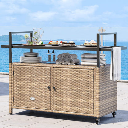 Large Outdoor Kitchen Wicker Island Rolling Cart &Bar Table, Wheels and Black Glass Table Top for Patio, Poolside and Backyard (Light Brown) - Design By Technique