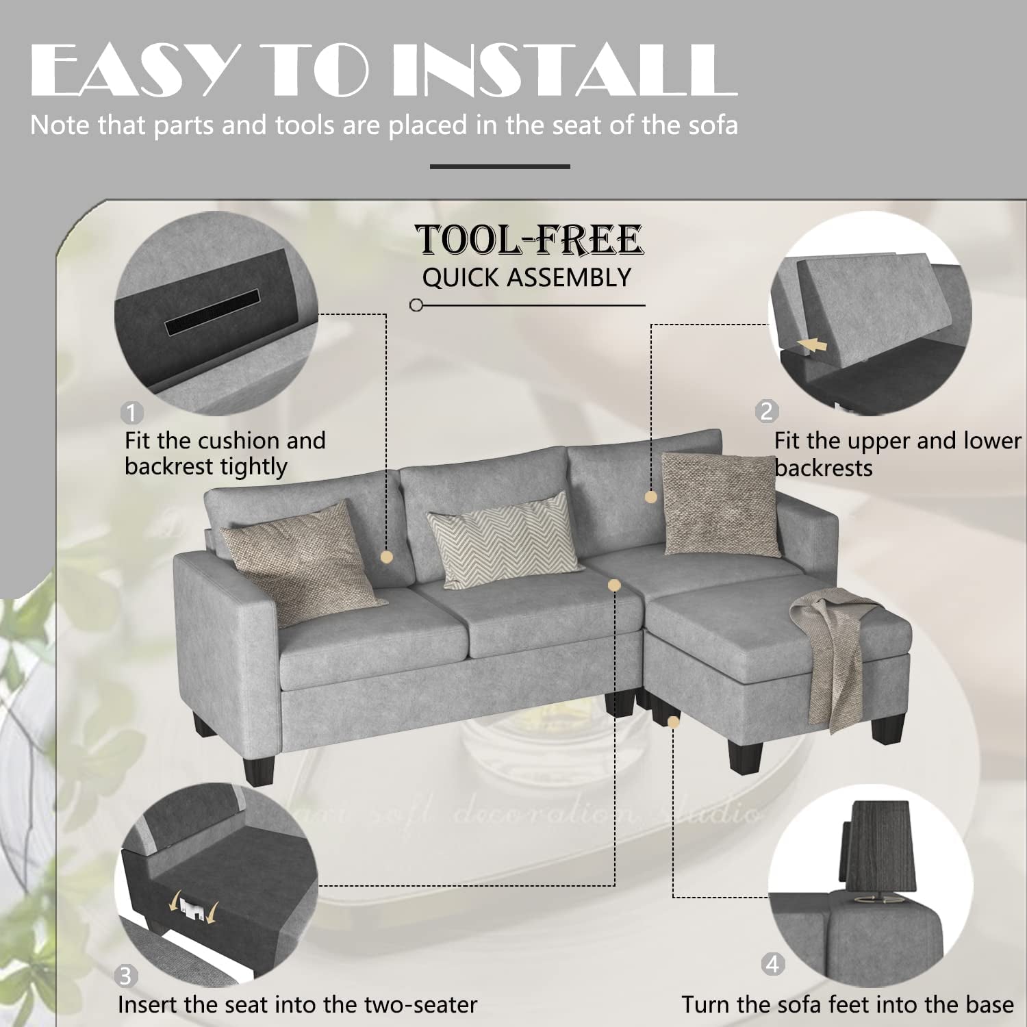 Convertible Sectional Sofa 3 L-Shaped Couch with Line Fabric for Apartment, Living Room, Gray Wash