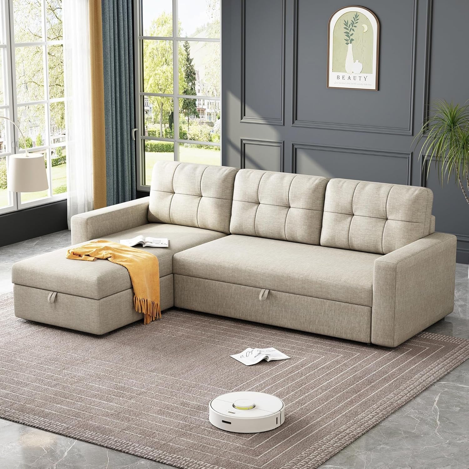 81.5" Sectional Sleeper Sofa with Storage Chaise, L Shaped Pull Out Couch Bed with 3 Removable Back Cushion for Living Room,Apartment,Office, Beige1