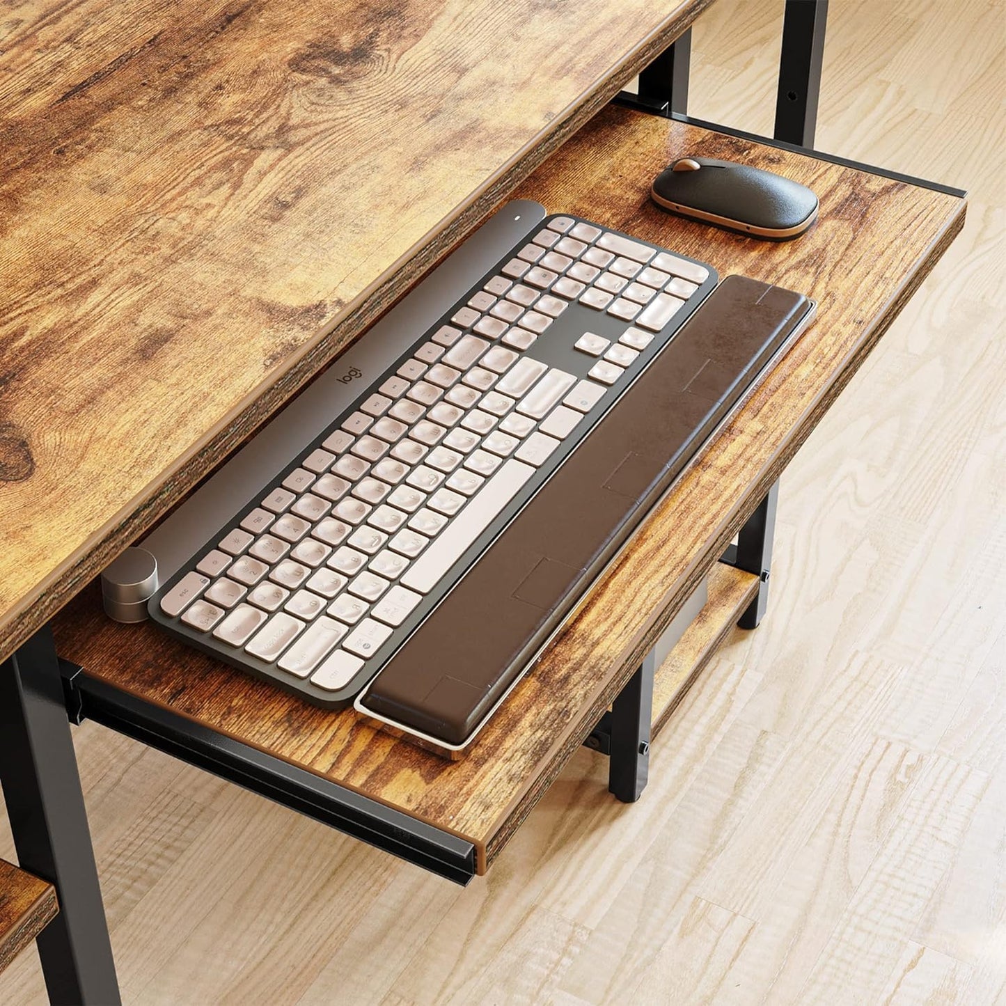 47 Inch Computer Desk with Storage Shelves Monitor Stand Keyboard Tray, Home Office Desk, Study Writing Table, Rustic Brown