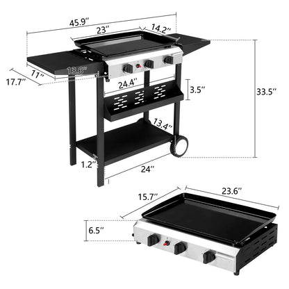 3-Burner Propane Gas Grill Griddle Flat Top Grills 2 in 1 Tabletop Griddle