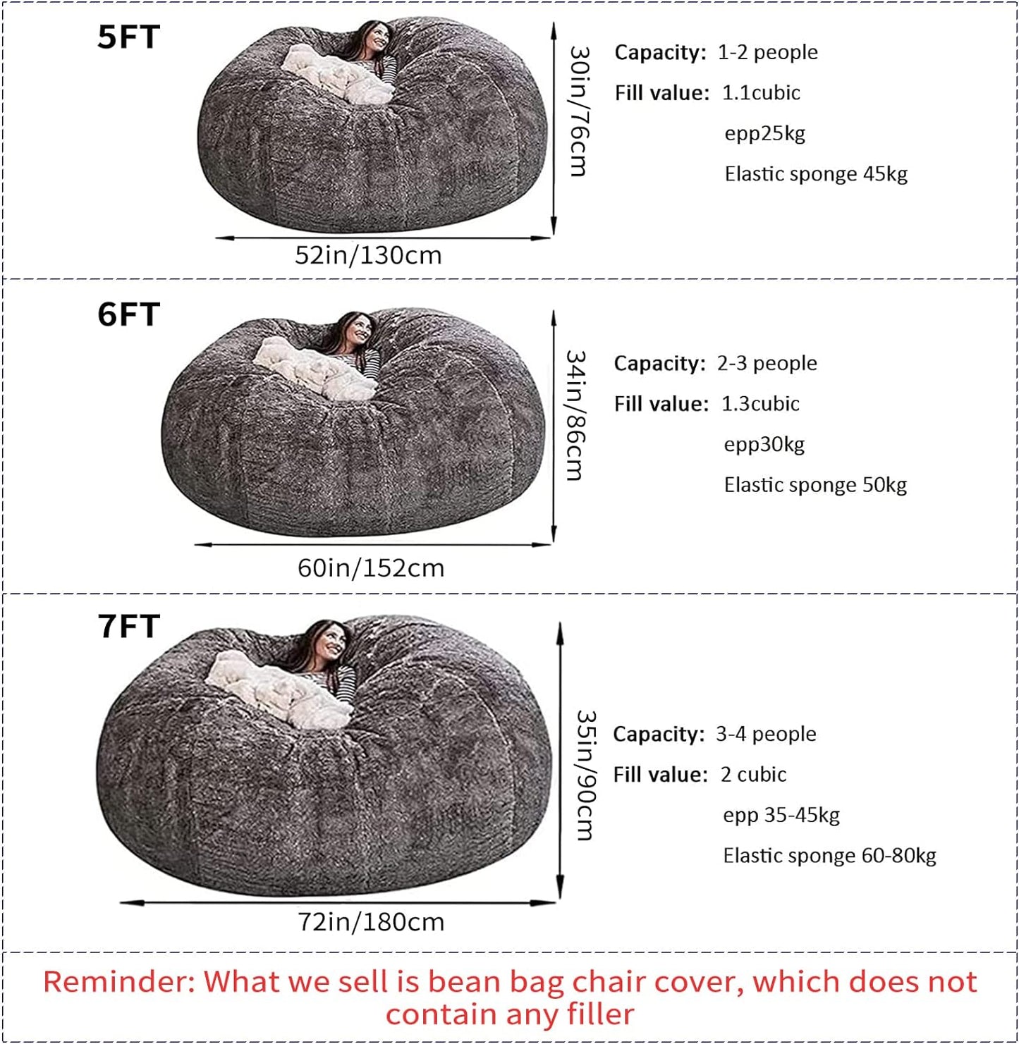 Giant Fur Bean Bag Chair Cover for Kids Adults, (No Filler) Living Room Furniture Big round Soft Fluffy Faux Fur Beanbag Lazy Sofa Bed Cover (Light Grey, 5FT)