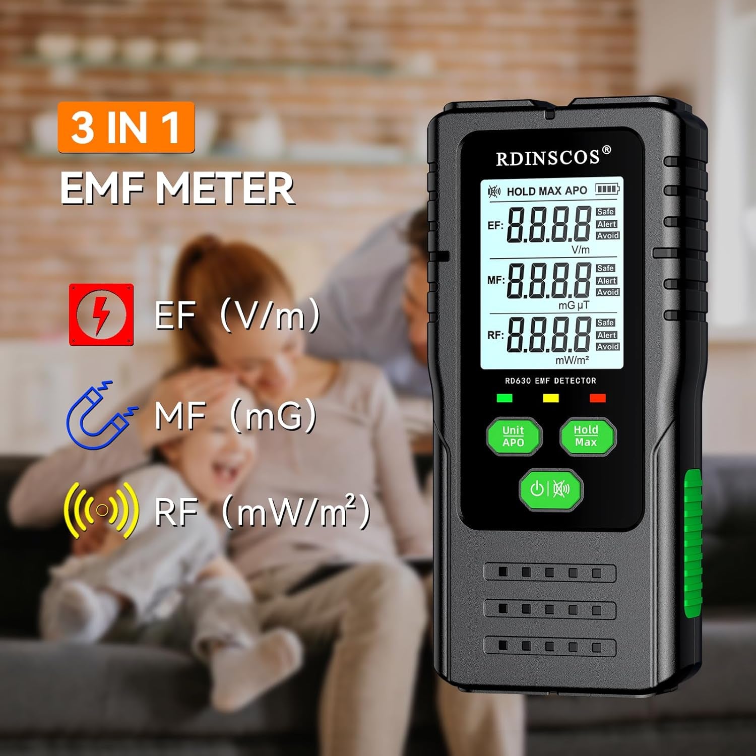 EMF Meter, 3 In1 Electromagnetic Electric Magnetic Radio Frequency Field Detector Hand-Held Digital LCD EMF Detector, Great Tester for Home EMF Inspections, Office, Outdoor with a 9V Battery (RD630)