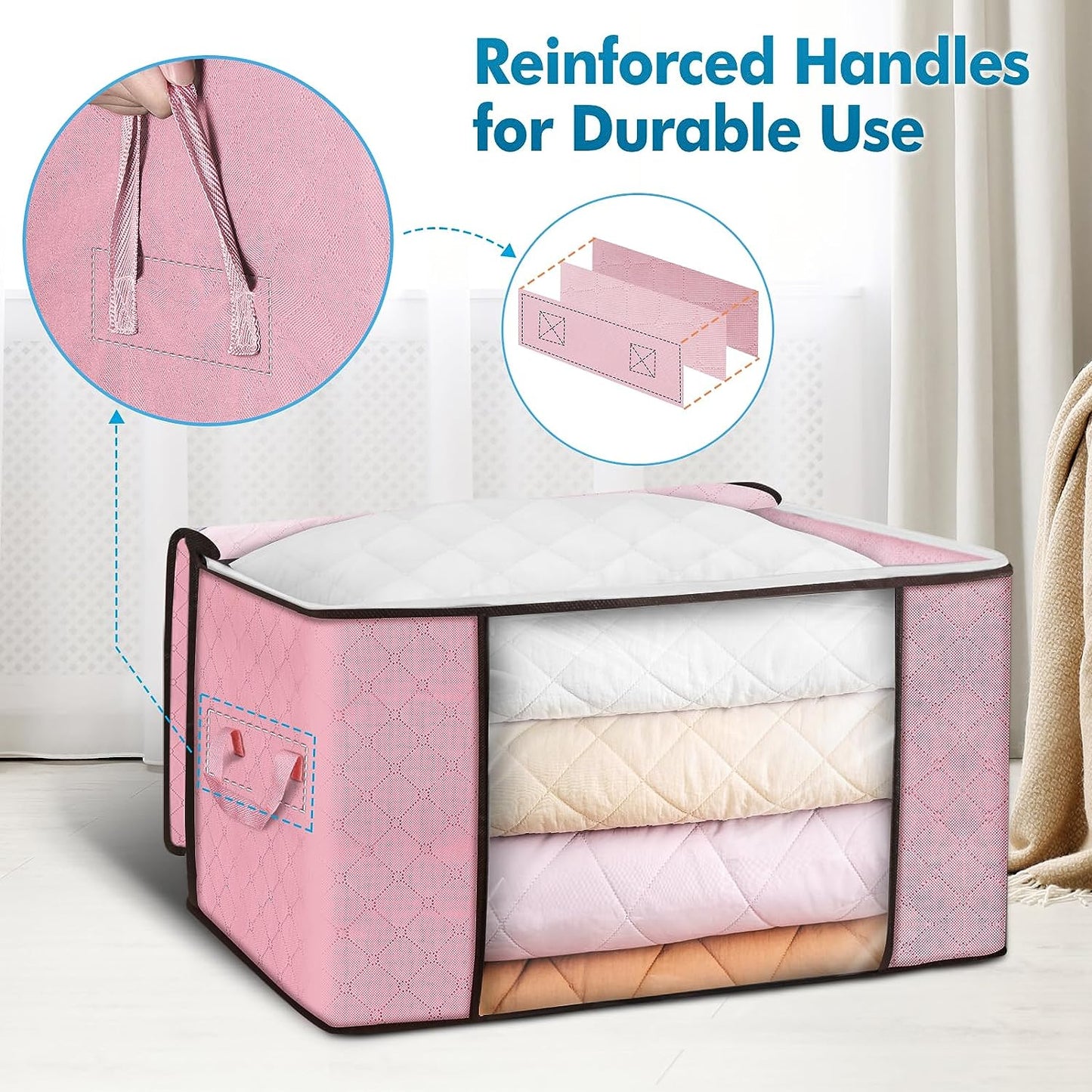 90L Large Storage Bags, 6 Pack Clothes Storage Bins Foldable Closet Organizer Storage Containers Storage and Organization for Blanket, Comforters, Bed Sheets, Pillows and Toys (Pink)