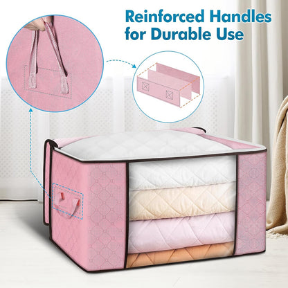 90L Large Storage Bags, 6 Pack Clothes Storage Bins Foldable Closet Organizer Storage Containers Storage and Organization for Blanket, Comforters, Bed Sheets, Pillows and Toys (Pink)