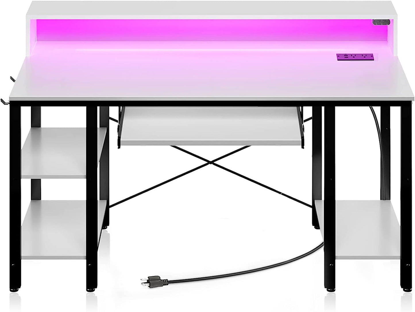 Computer Desk 47 Inch with LED Lights & Power Outlets, Gaming Desk with Storage Shelves, Home Office Desk with Keyboard Tray, Writing Desk with Monitor Stand, Study Desk, White