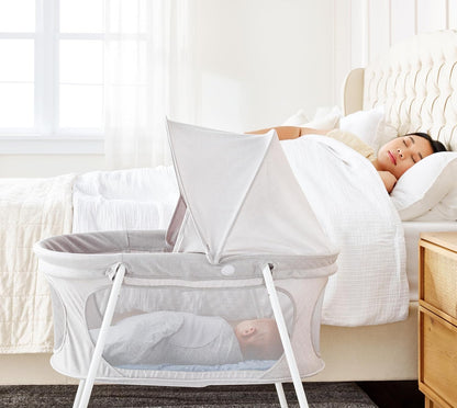 Baby Basics Infant Bassinet with Canopy, Award Winning Brand, Quick Fold and Easy Setup, Removable Pad, See-Through Mesh, Bed-Side Bassinet, Gray - Design By Technique