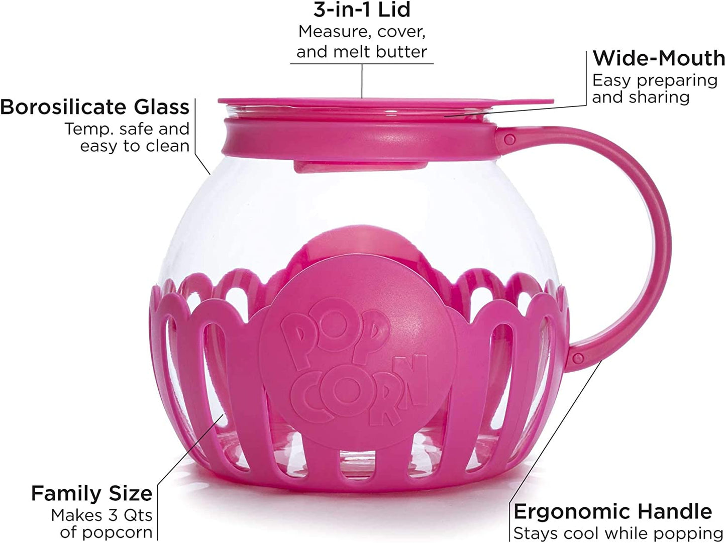 Patented Micro-Pop Microwave Popcorn Popper with Temperature Safe Glass, 3-In-1 Lid Measures Kernels and Melts Butter, Made without BPA, Dishwasher Safe, 3-Quart, Pink