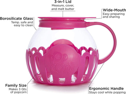 Patented Micro-Pop Microwave Popcorn Popper with Temperature Safe Glass, 3-In-1 Lid Measures Kernels and Melts Butter, Made without BPA, Dishwasher Safe, 3-Quart, Pink