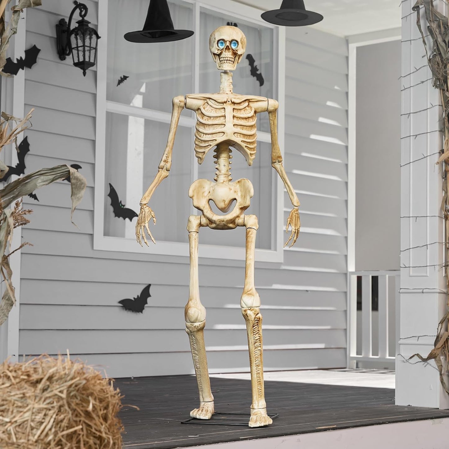 63" Halloween Animatronics Skeleton with Light-Up Eyes, Creepy Sound, Movable Head & Arms Life Size Animated Halloween Decorations Haunted House Props for Outdoor Indoor Yard Patio Lawn