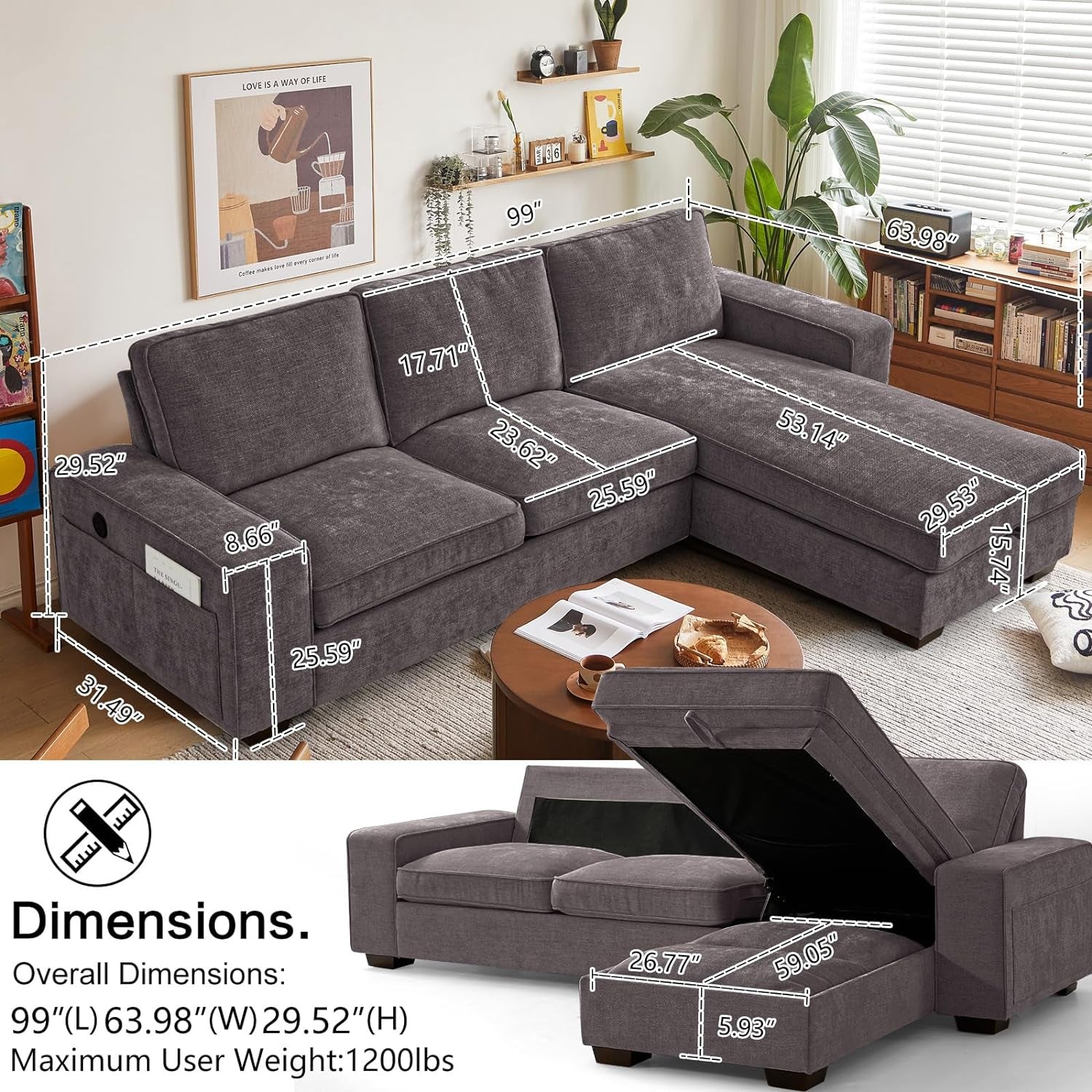 99“ Convertible Sectional Sofa,L Shaped Couch,Multi-Functional Reversible Sofa with USB and Type-C Charging Ports, Storage Space, Breathable Fabric (Dark Gray)