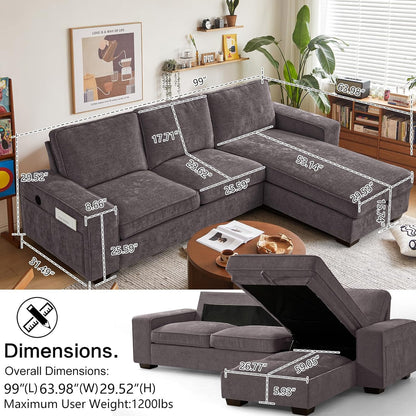 99“ Convertible Sectional Sofa,L Shaped Couch,Multi-Functional Reversible Sofa with USB and Type-C Charging Ports, Storage Space, Breathable Fabric (Dark Gray)