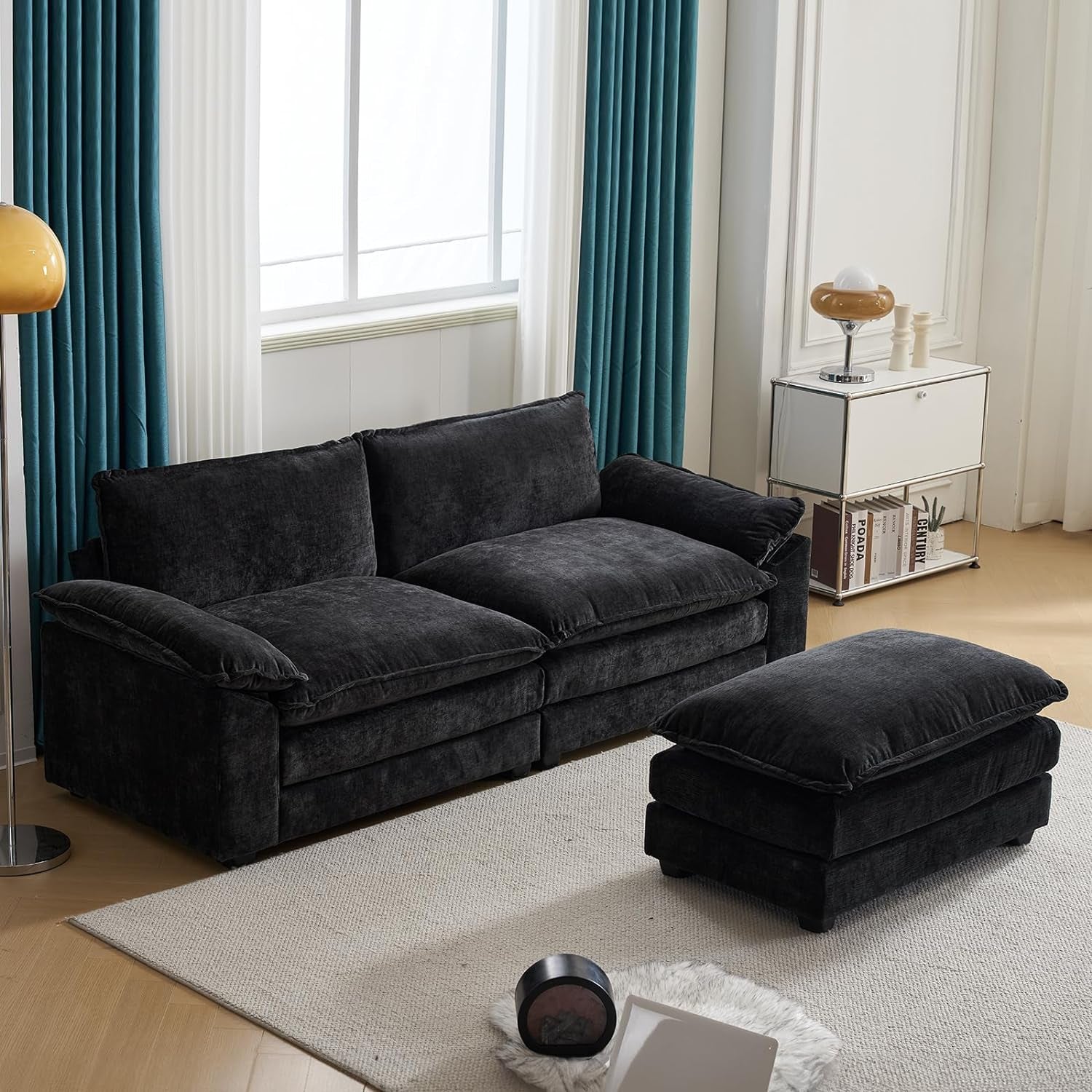 85.4" Convertible Sectional Sofa,L-Shape Deep Seat Sofa Couch for Living Room,Modern Chenille 2 Seat Loveseat Sofa with Ottoman for Small Space(Black, 85.4")