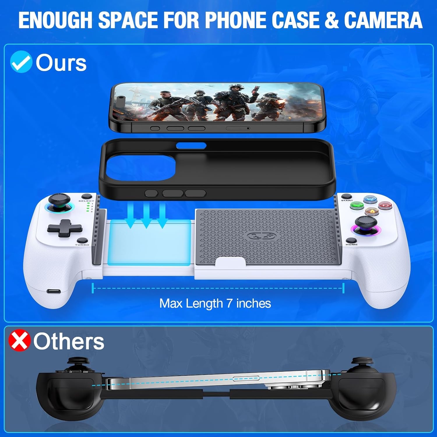 Wireless Mobile Gaming Controller for Iphone/Android, Phone Game Controller Support Phone Case, RGB Light Hall Joystick, Turbo, Mobile Gaming Gamepad