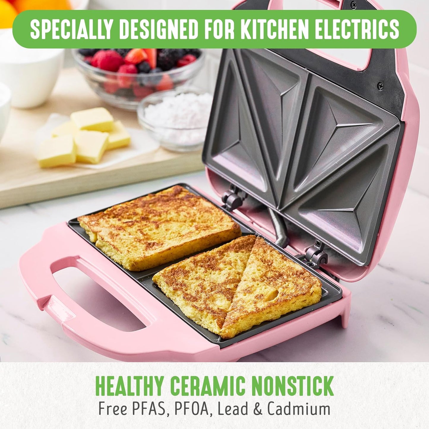 Pro Electric Panini Press Grill and Sandwich Maker, Healthy Ceramic Nonstick Plates,Easy Indicator Light, Pfas-Free, Pink