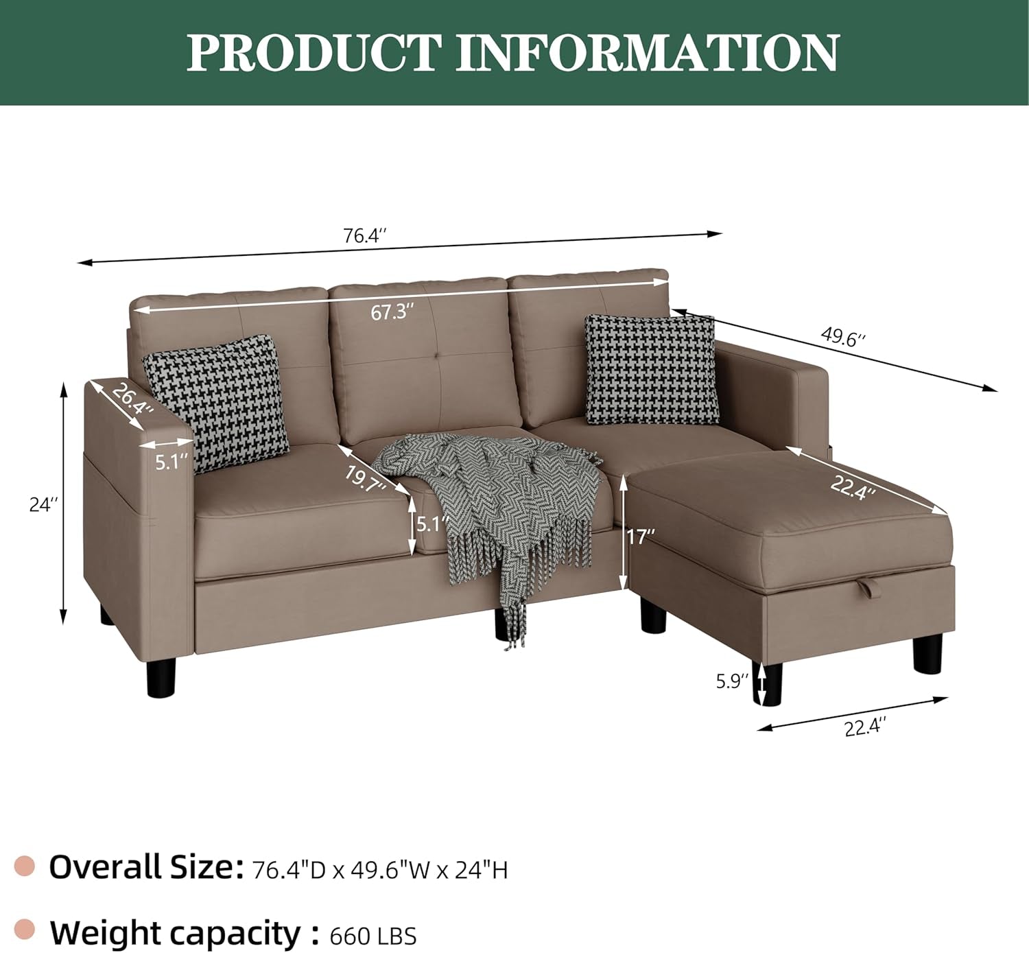 Convertible Sectional Sofas Couches for Living Room, L Shaped Couch with Storage Ottoman, Small Sectional 3 Seater Sofa for Small Spaces, Brown