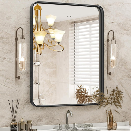 Black Metal Framed Vanity Rounded Rectangle Bathroom Mirrors for over Sink Wall, 36X24 Inch Large Matte Mirror, Modern Decorative for Restroom, Farmhouse, Horizontally or Vertically Hanging