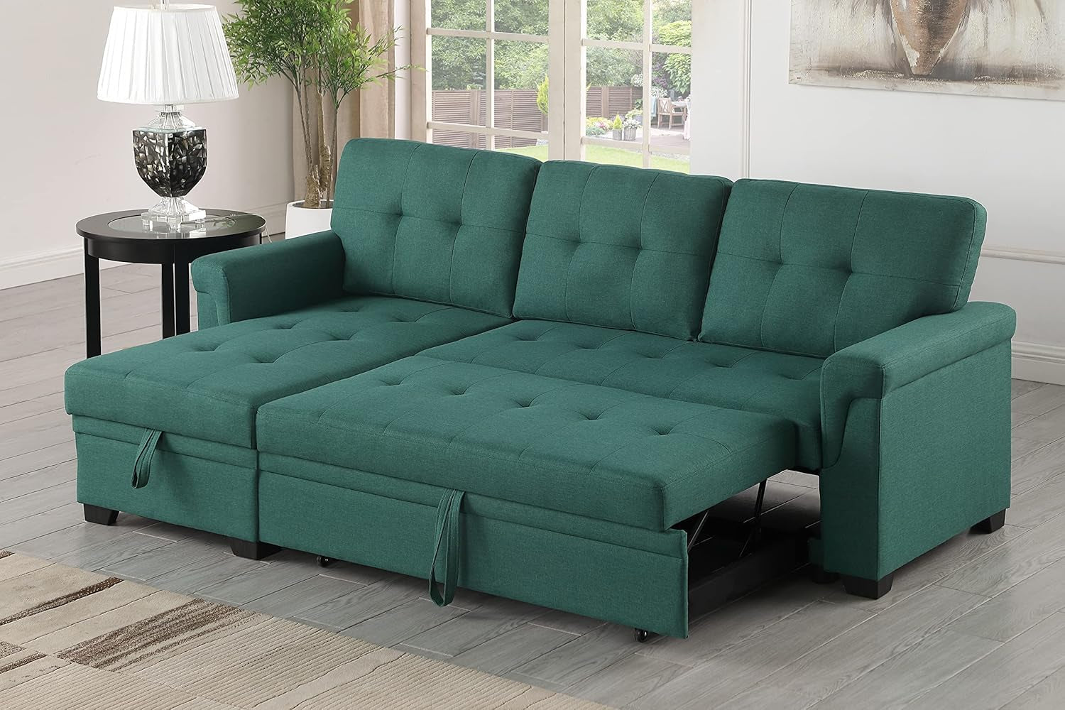 Lucca Green Linen Reversible Sleeper Sectional Sofa with Storage Chaise