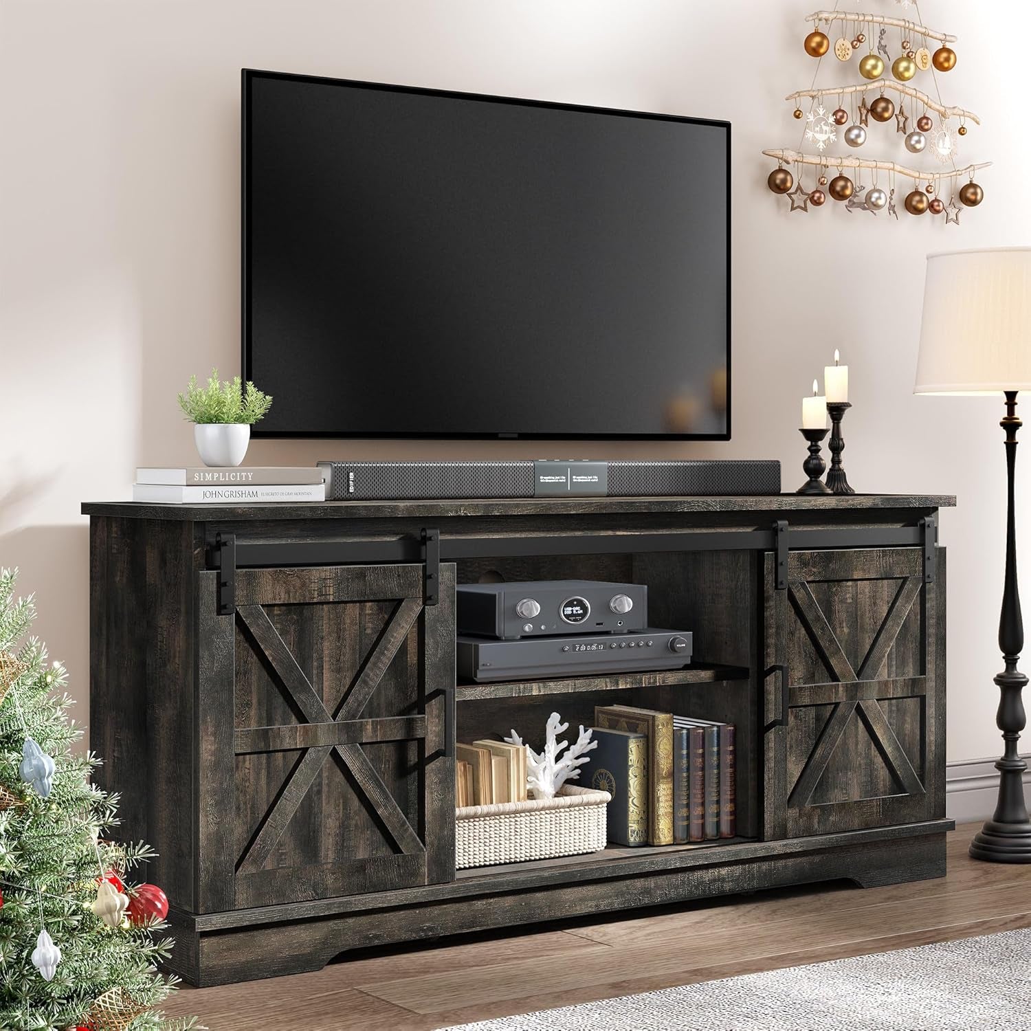 TV Stand for 65 55 Inch TV, Farmhouse Entertainment Center with Storage Cabinet and Sliding Barn Doors, Rustic TV Cabinet Media Console Table for Living Room, Dark Rustic Oak