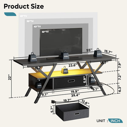 LED Entertainment Center with Power Outlets Gaming TV Stand for TV up to 65 Inch 55” TV Game Console for Living Room Bedroom Removable Drawer 20 Dynamic RGB Modes, Carbon Fiber Black