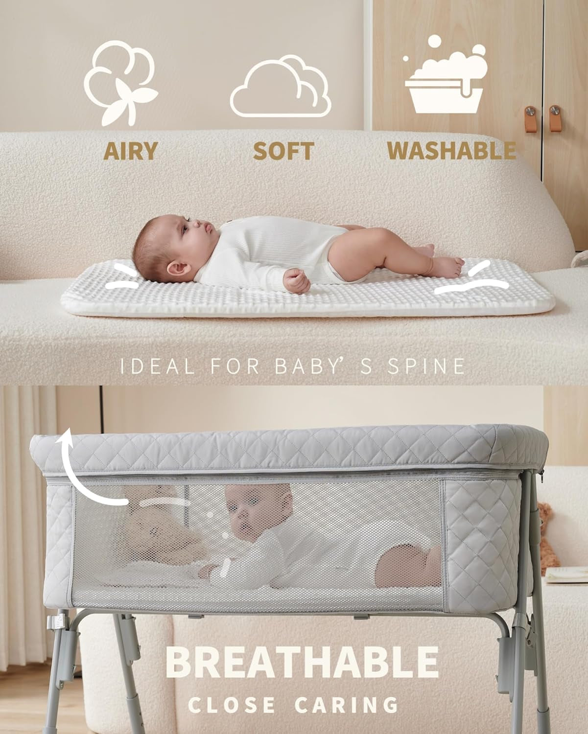 Bassinet Bedside Sleeper, Baby Bed Crib for Newborn, Bedside Crib Sleeper with 4 Auto-Lock & Adjustable Height, Breathable Mesh&Mattress - Design By Technique