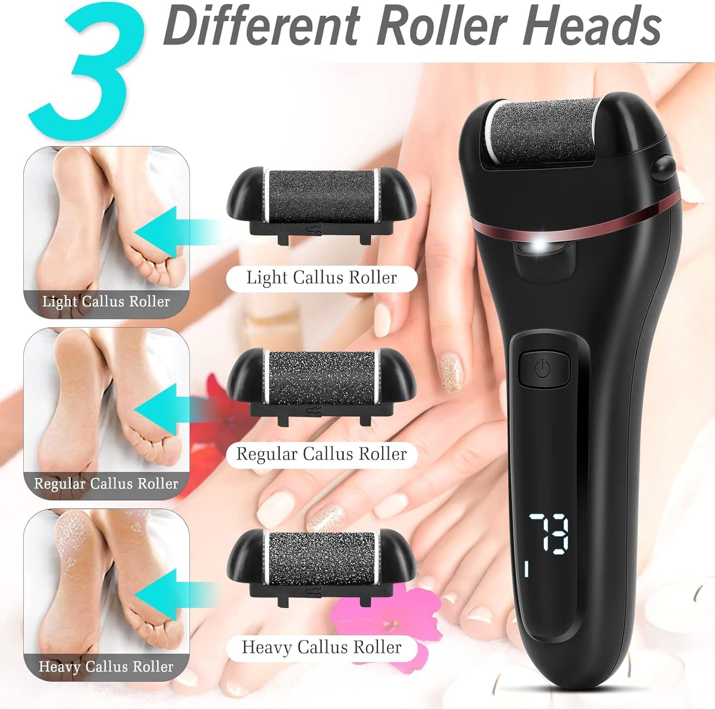 Electric Callus Remover for Feet, 2 Speed Electric Foot File, Rechargeable Foot Scrubber Pedicure Kit for Cracked Heels and Dead Skin with 3 Roller Heads.