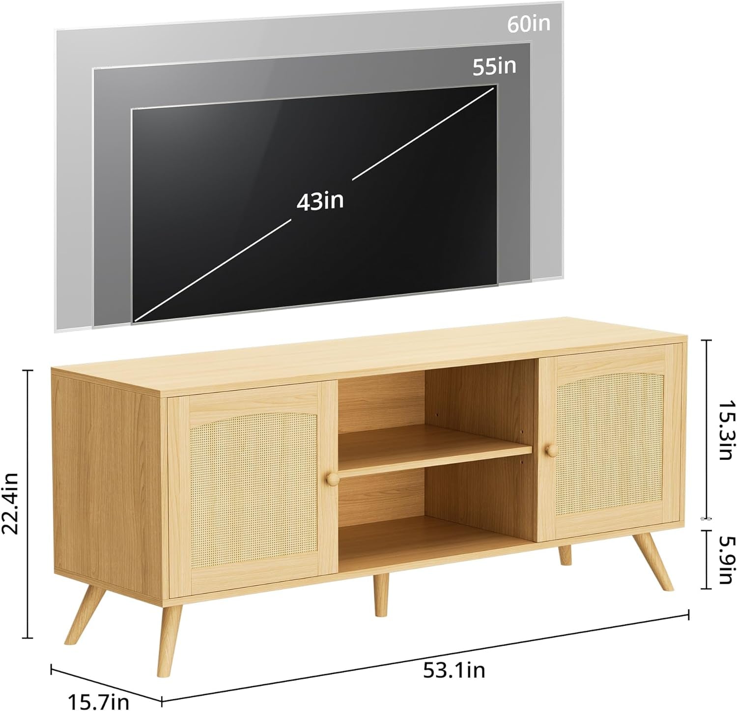 Oak TV Stand for 60 Inch TV, Wooden Mid Century Modern Entertainment Center with Natural Rattan Door, Boho Media TV Console for Living Room