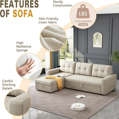 81.5" Sectional Sleeper Sofa with Storage Chaise, L Shaped Pull Out Couch Bed with 3 Removable Back Cushion for Living Room,Apartment,Office, Beige1