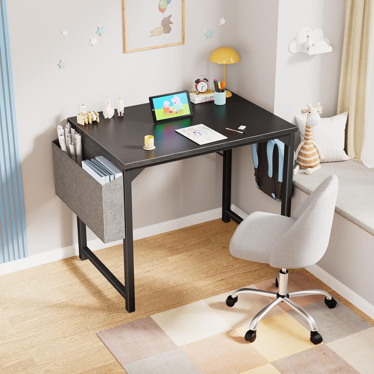 Computer Small Desk 32 Inch Home Office Writing Study Work Storage Bag Headphone Hooks Simple Modern Wood Kids Student Table